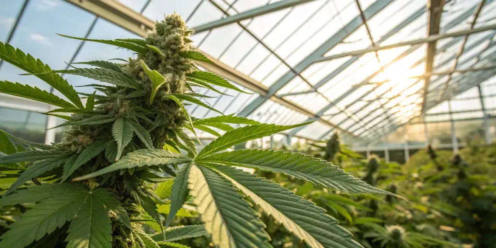 Mint cannabis high yield strains producing thick buds under natural sunlight in greenhouse
