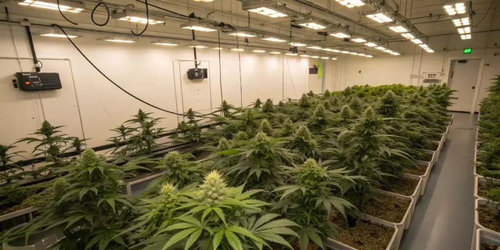 mint cannabis plants growing outdoors with support stakes and training techniques