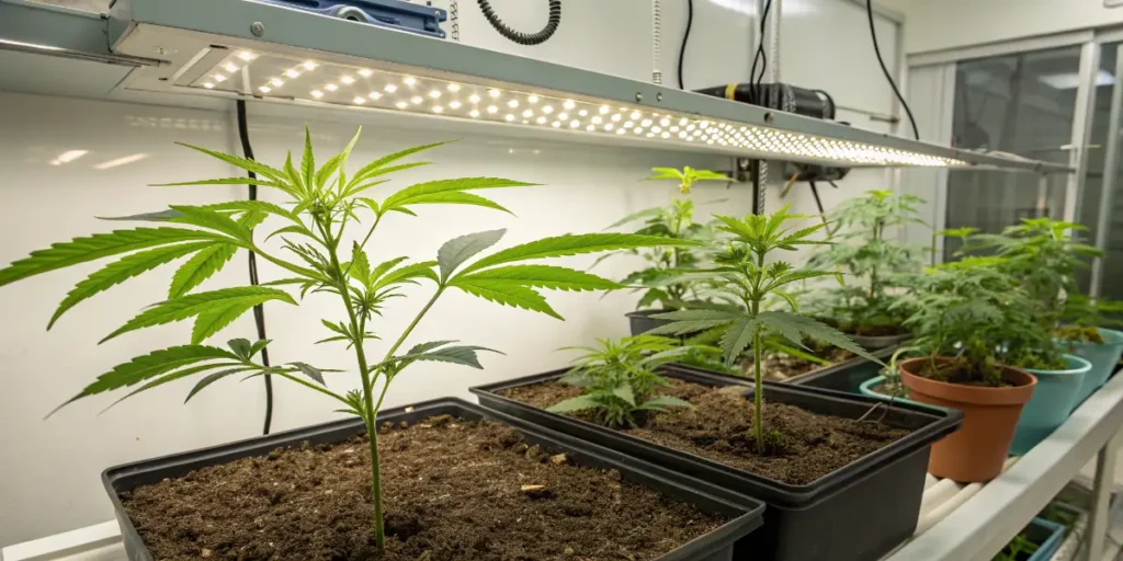 Mint cannabis strains for daytime growing indoors under LED lights in early vegetative stage