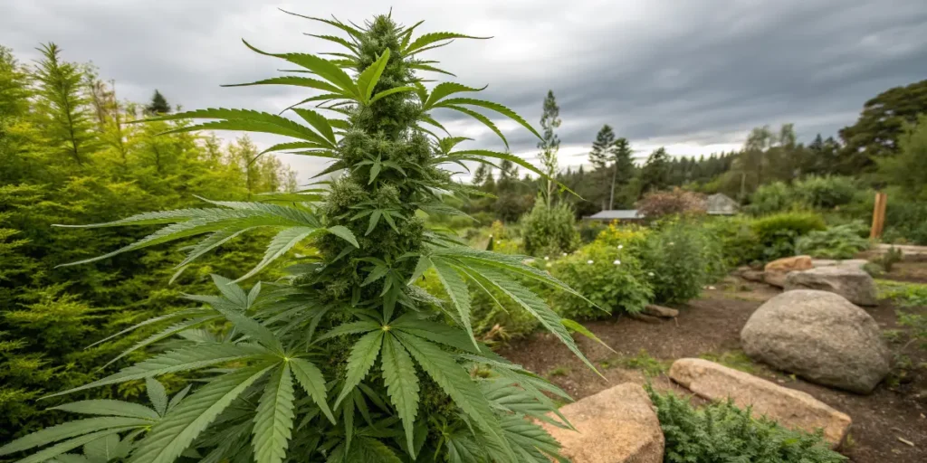 Strong mint cannabis strains growing outdoors in a natural garden environment