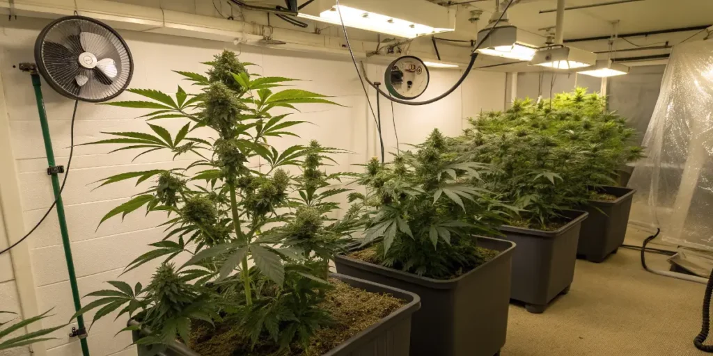 Cannabis plant rich in mint terpenes growing outdoors with dense buds