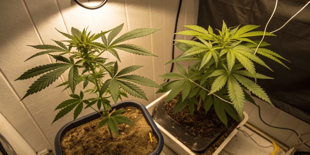 Close-up of cannabis leaf showing yellow spotting associated with overwatering issues.