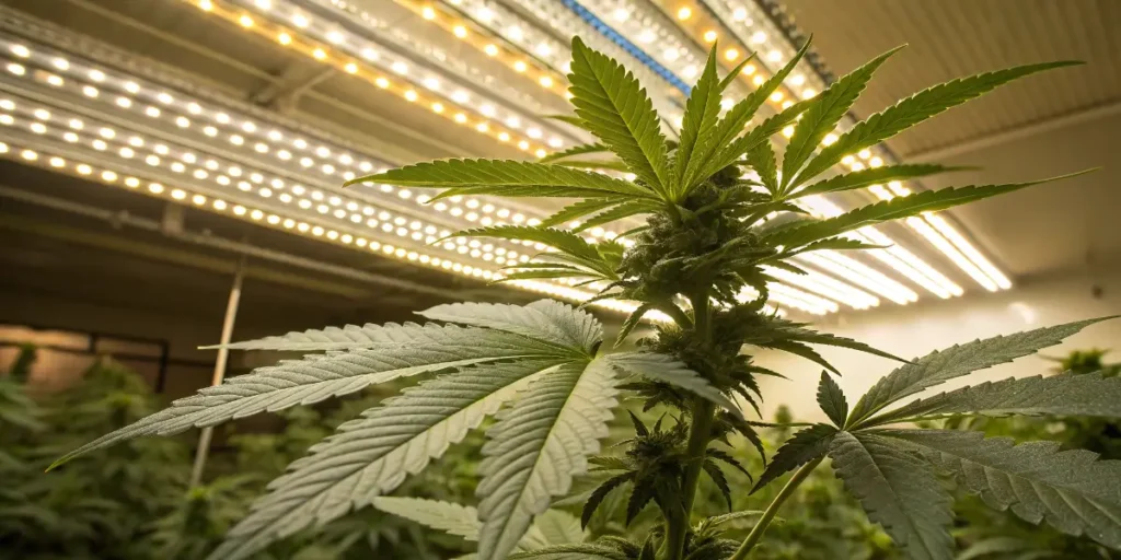 Passion #1 cannabis plant growing indoors under LED lights