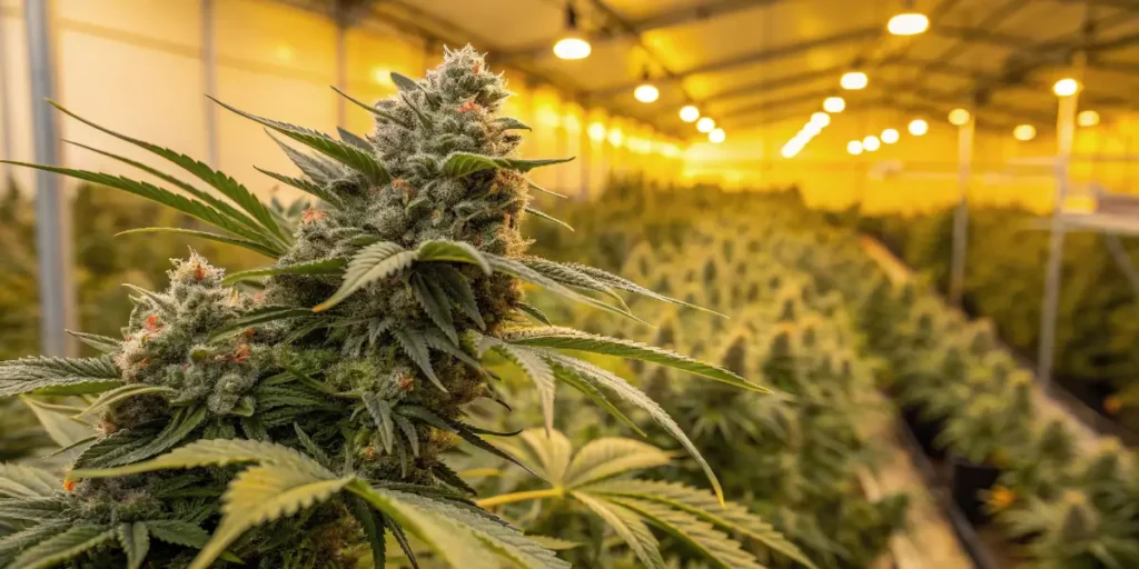 Peyote Critical cannabis plant with dense buds in indoor grow room