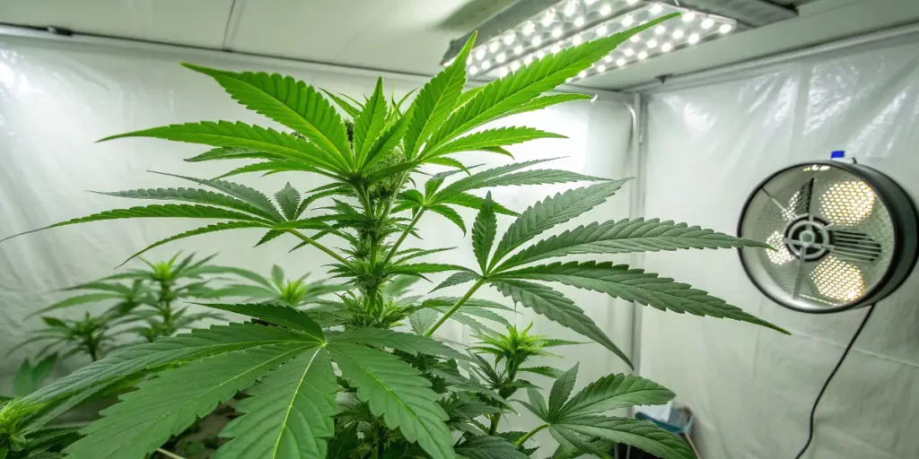 Peyote Critical cannabis plant developing under indoor grow lights