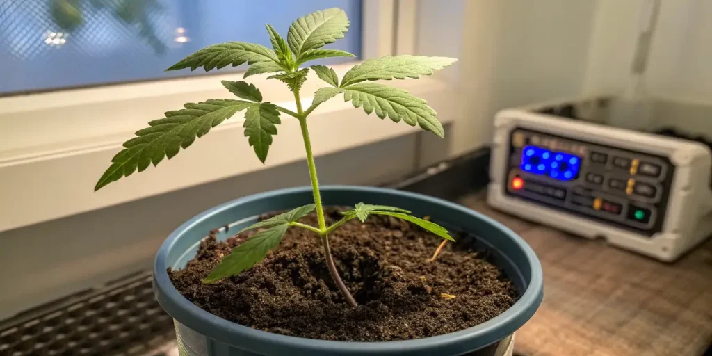 young Peyote Critical cannabis seedling growing in pot indoors