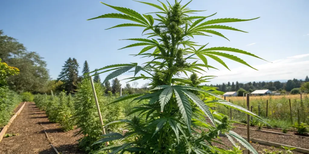 Photoperiod mint cannabis plant growing outdoors with tall structure and extended vegetative growth