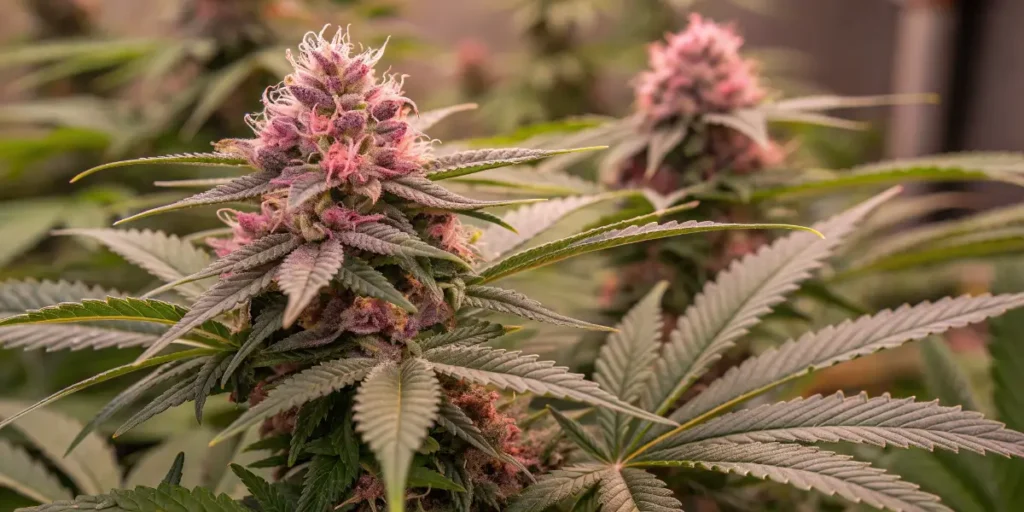 Pink Rozay cannabis buds developing on mature plant