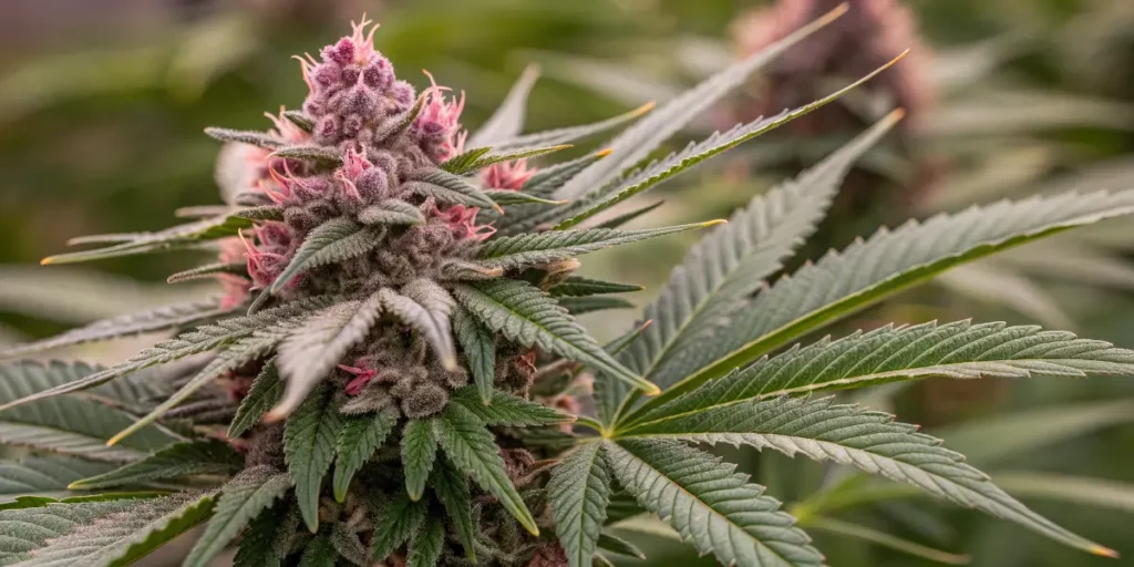 Pink Rozay cannabis plant with purple buds and pink pistils