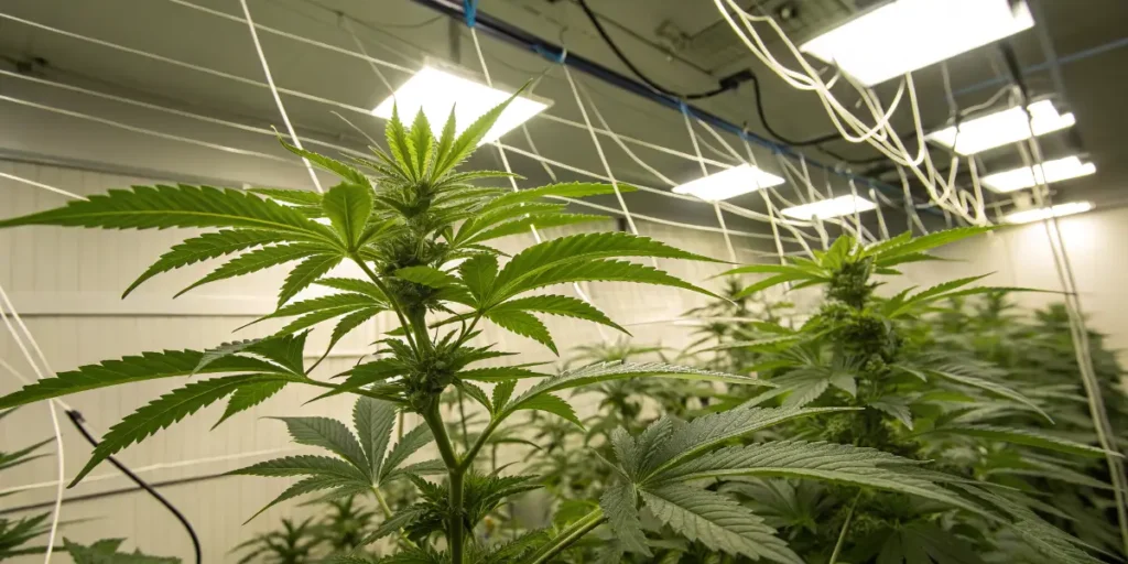 Pink Rozay cannabis plant growing indoors under LED lights