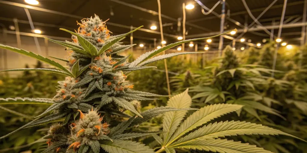 Platinum Cookies cannabis plant with dense frosty buds in indoor grow