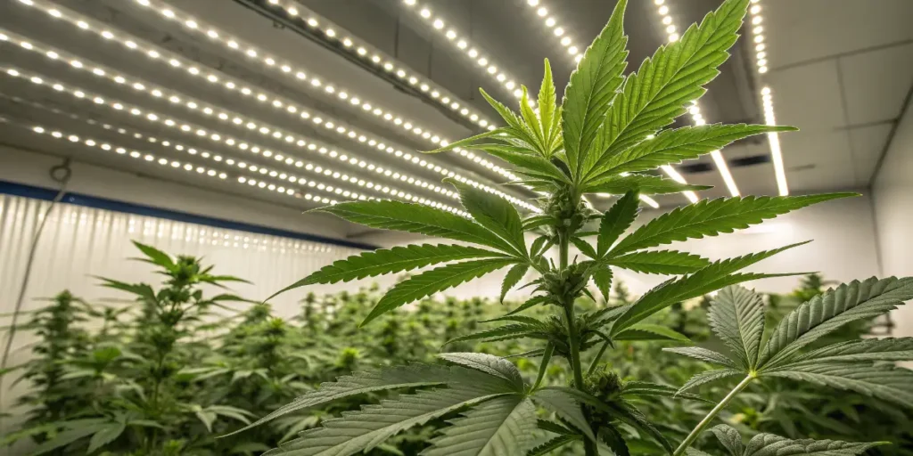 young Power Plant cannabis seedling growing in soil indoors