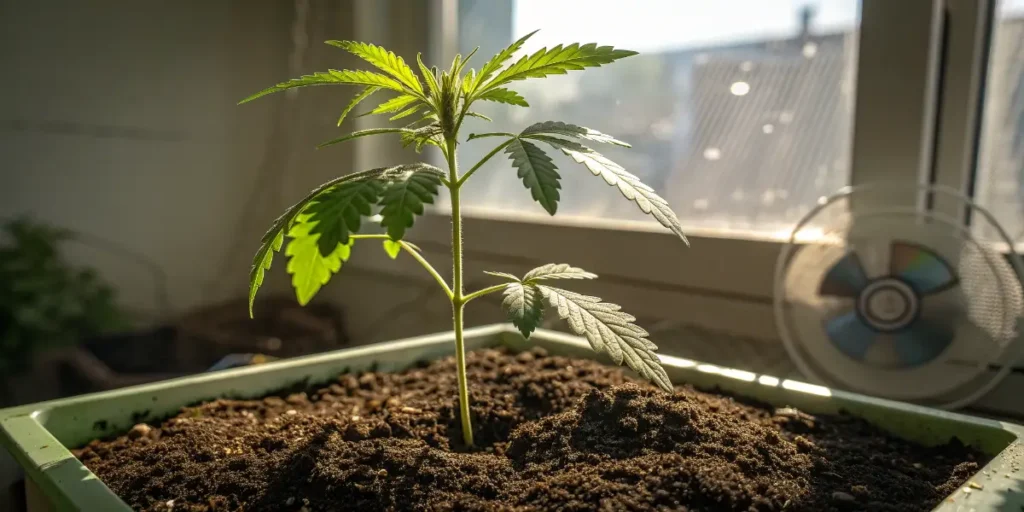 Power Plant cannabis plant in vegetative stage under LED lights