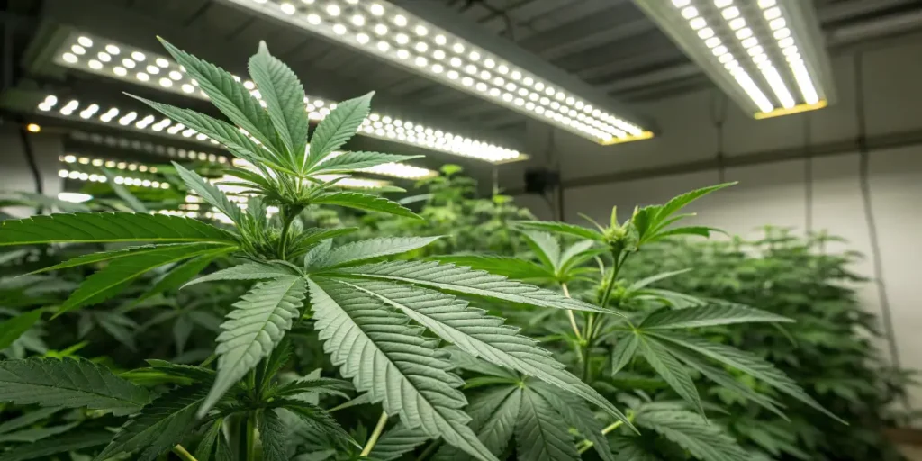pure power plant auto cannabis plants growing indoors under LED panels
