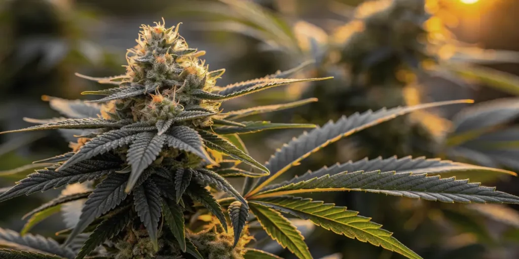 pure power plant auto cannabis plant flowering at sunset