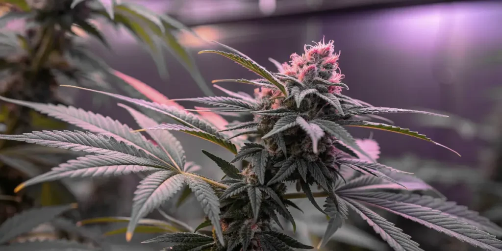 purple bud auto cannabis plant flowering under LED grow lights