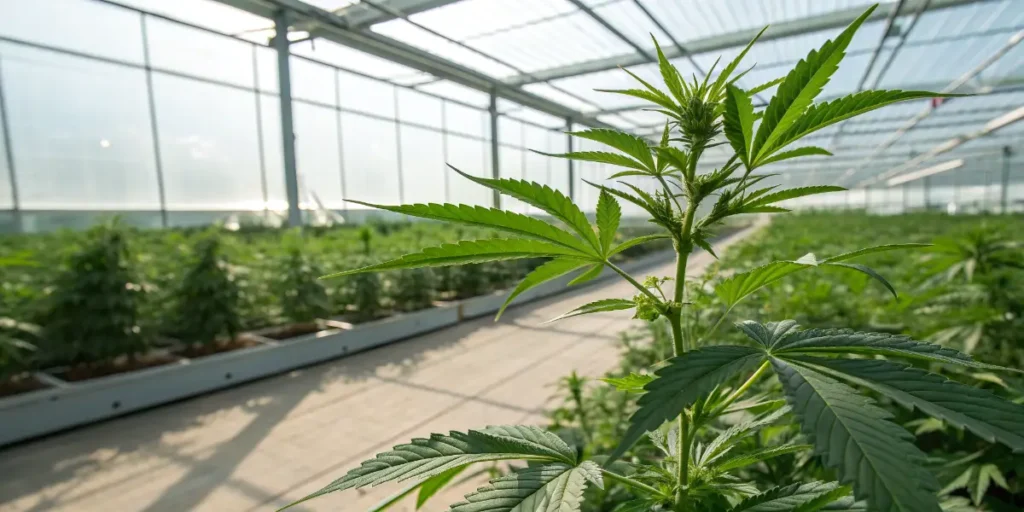purple bud auto cannabis plants growing inside modern greenhouse