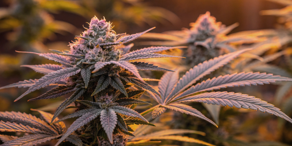 purple cookie kush cannabis plant with purple frosty buds in bloom