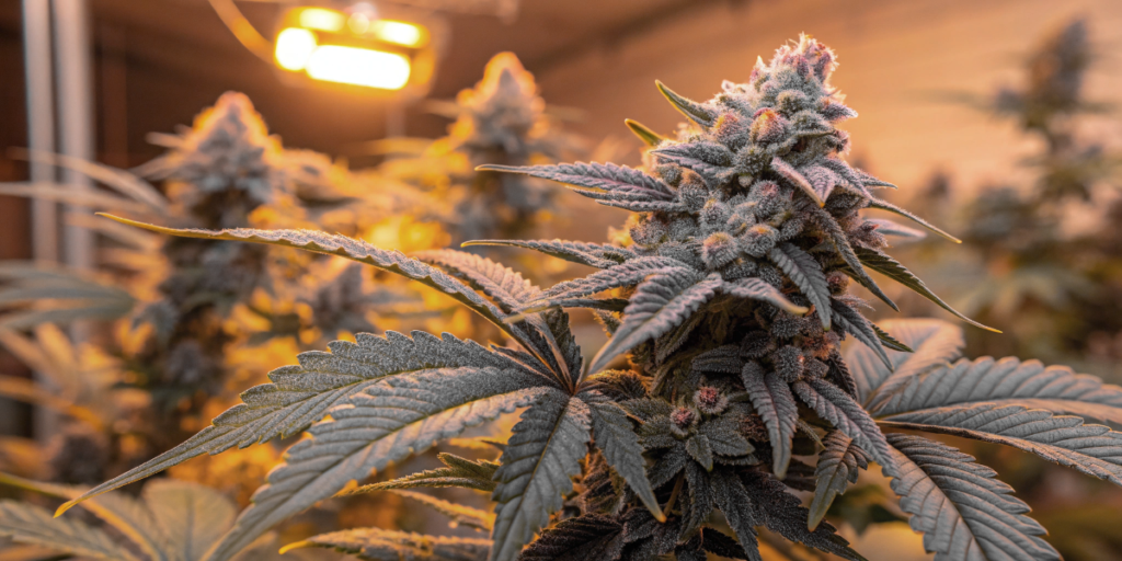 purple cookie kush cannabis plant with dense frosty buds under grow lights