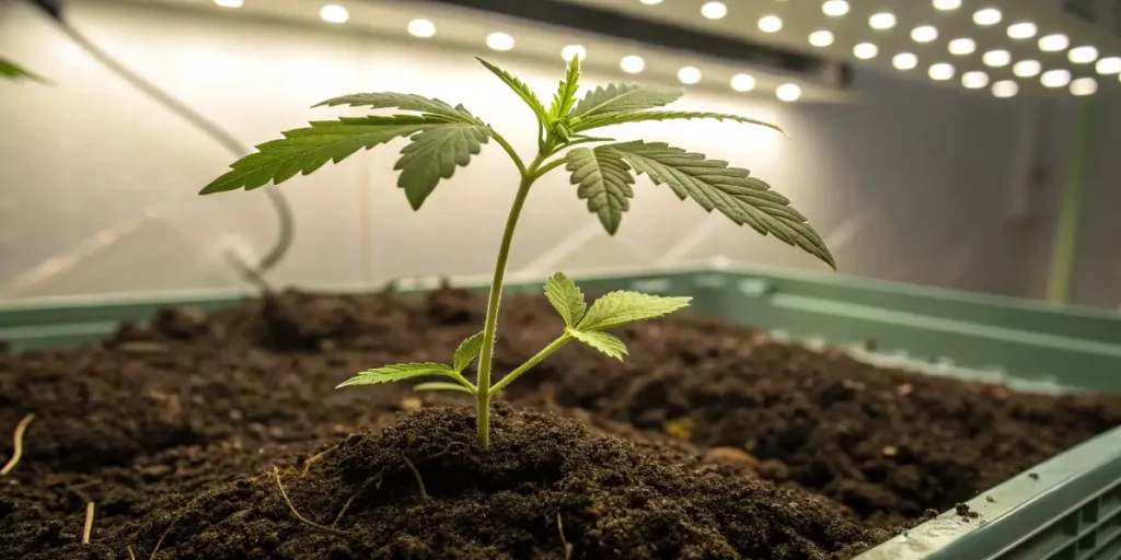 purple kush cannabis seedling growing in soil under LED grow lights