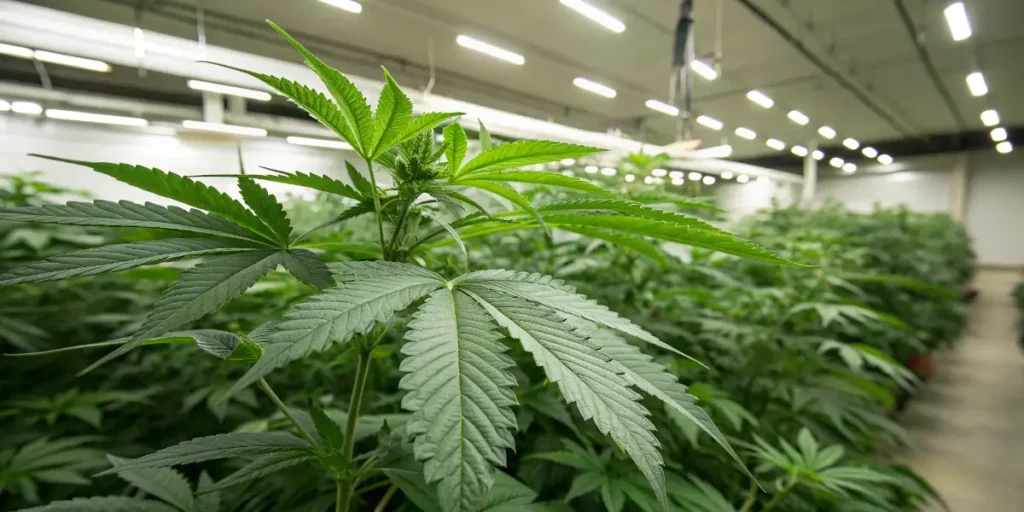 purple kush cannabis plant in vegetative stage inside indoor grow room