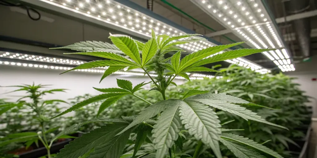 purple lemonade auto cannabis seedling growing in pot under LED grow light
