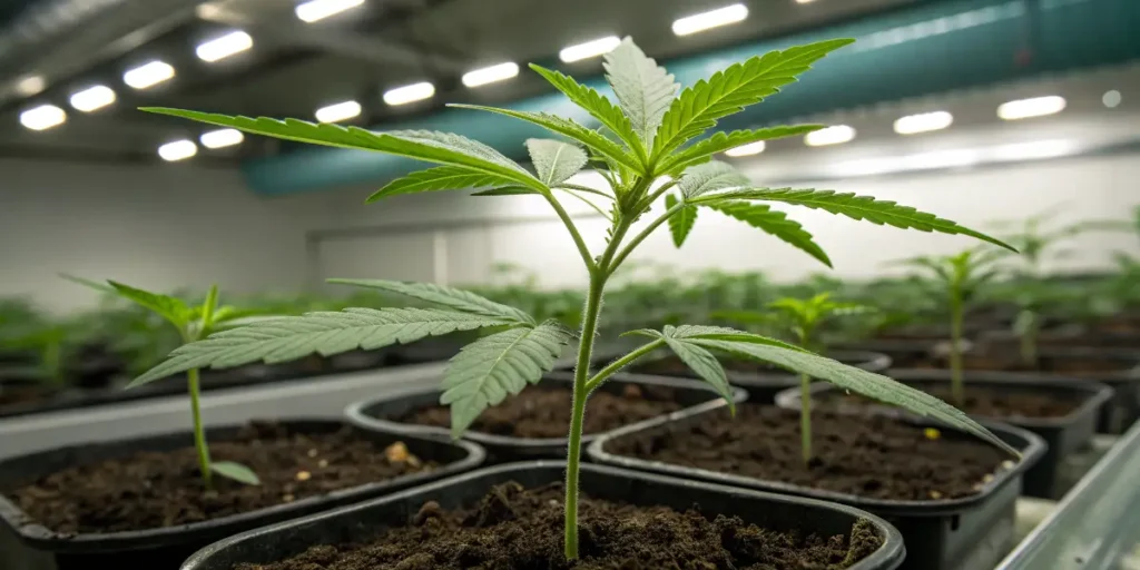 purple lemonade auto cannabis plants growing indoors under LED lights