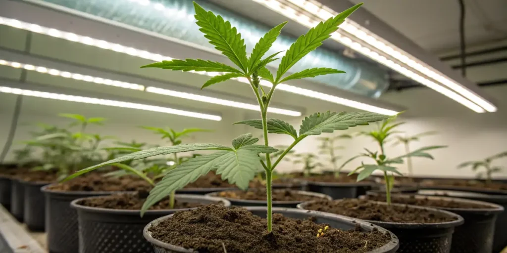 purple lemonade auto cannabis plant in indoor grow room with LED lighting