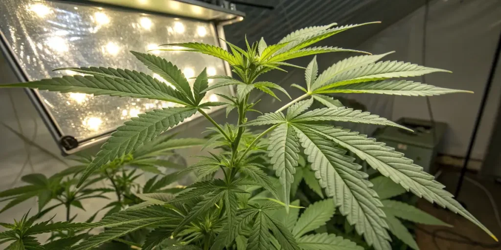 rs11 cannabis plant with dense buds growing indoors under grow lights