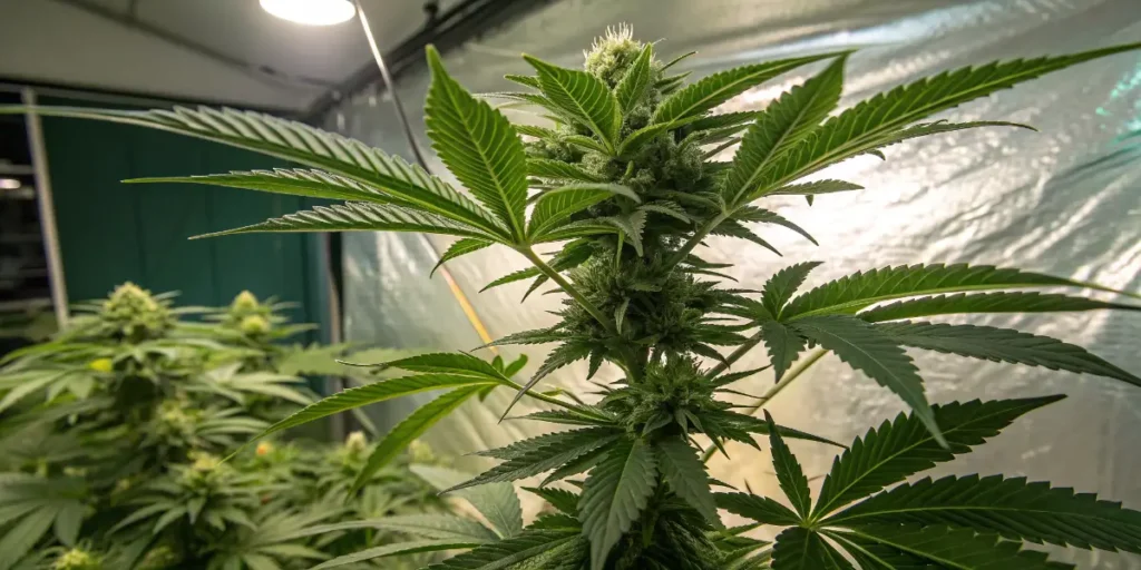 close up of runtz auto cannabis plant with developing buds indoors