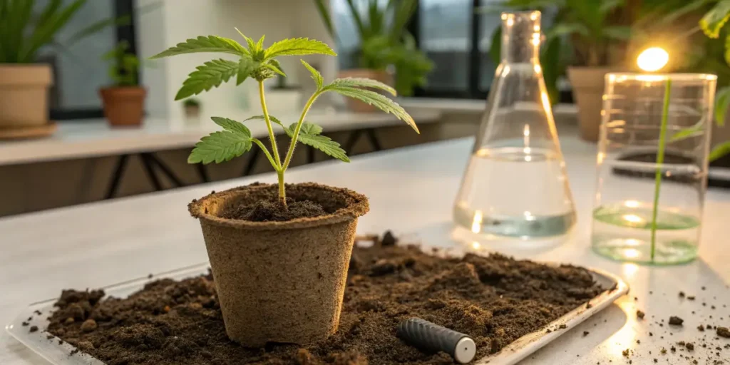A Runtz Auto cannabis plant developing compact resinous buds during the flowering stage inside an indoor grow room illuminated by LED grow lights.