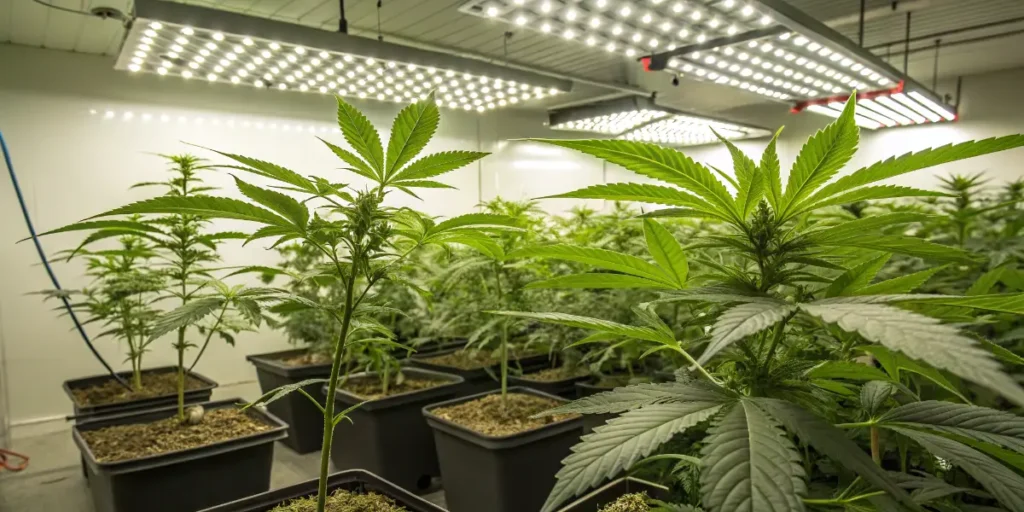 runtz cannabis plant with frosty buds growing indoors under warm grow lights