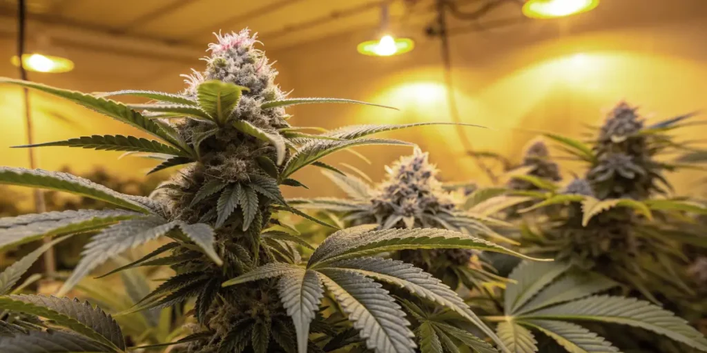 indoor cannabis grow room with runtz plants in vegetative stage