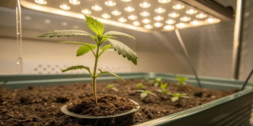 young russian doll cannabis seedling growing under LED grow lights