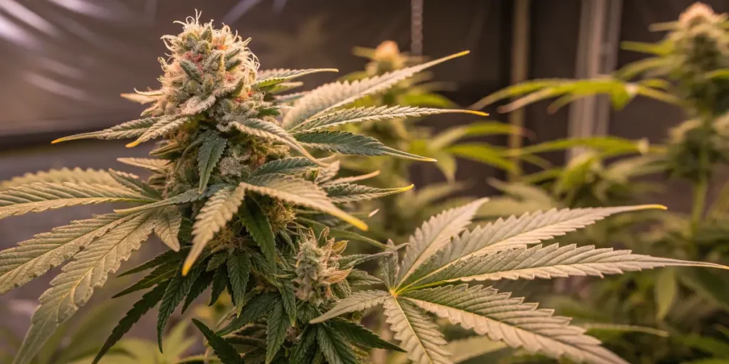 close up of santa muerte cannabis bud during flowering stage