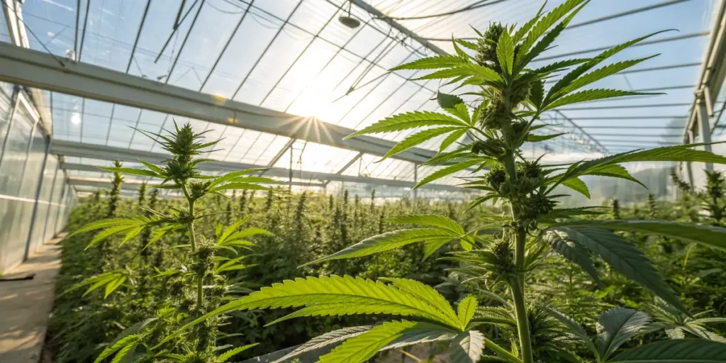 tall santa muerte cannabis plants growing in greenhouse