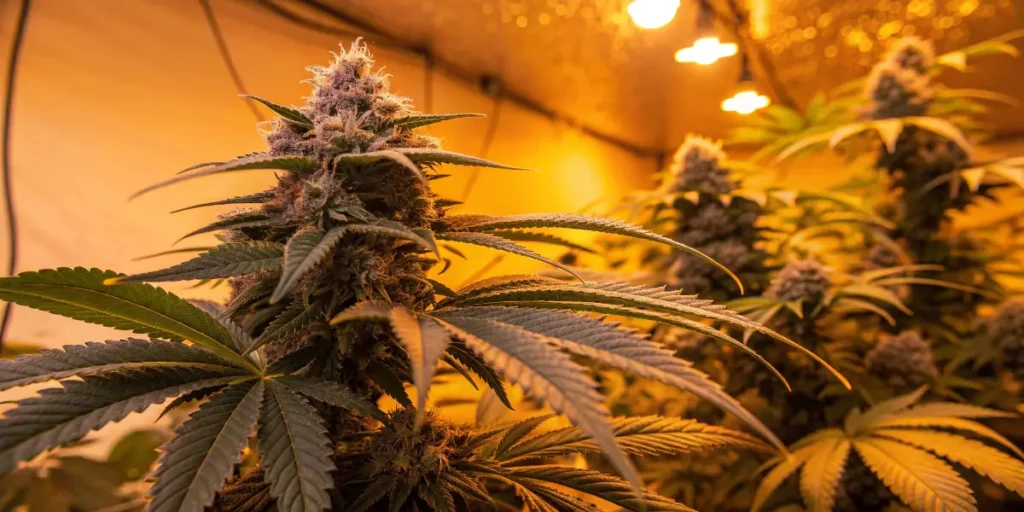 sativa dream cannabis plant with dense buds under grow lights