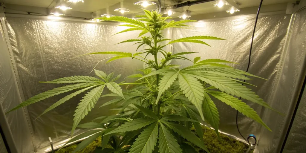 young sativa dream cannabis plant growing indoors under LED lights