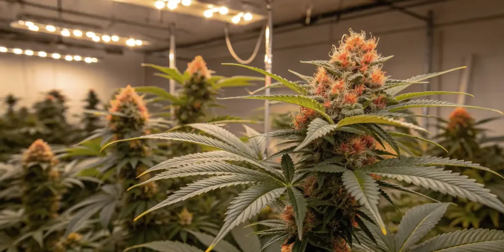 scrambler haze cannabis plants flowering indoors under grow lights