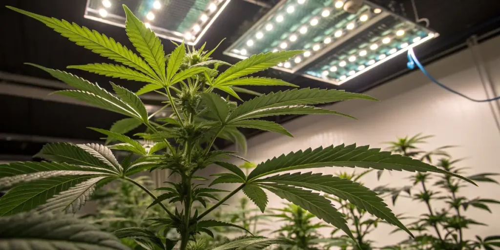 scrambler haze cannabis plant vegetative stage under LED grow lights