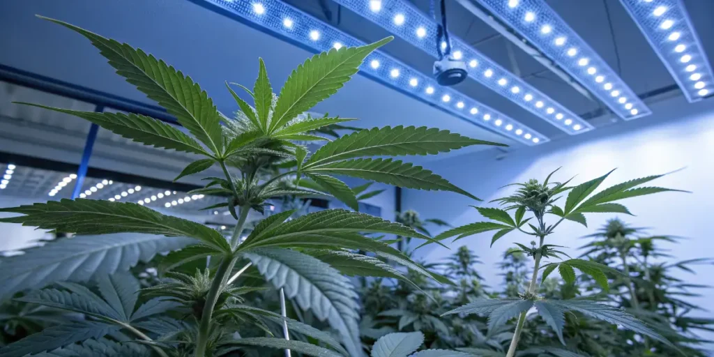 Silver Widow cannabis plants growing in indoor grow room