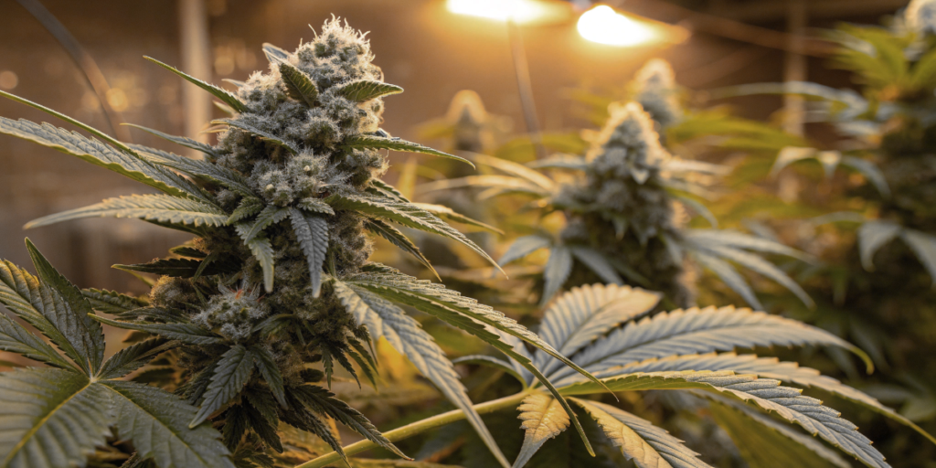 Six Shooter Auto cannabis plants growing under LED lights in modern indoor cultivation room