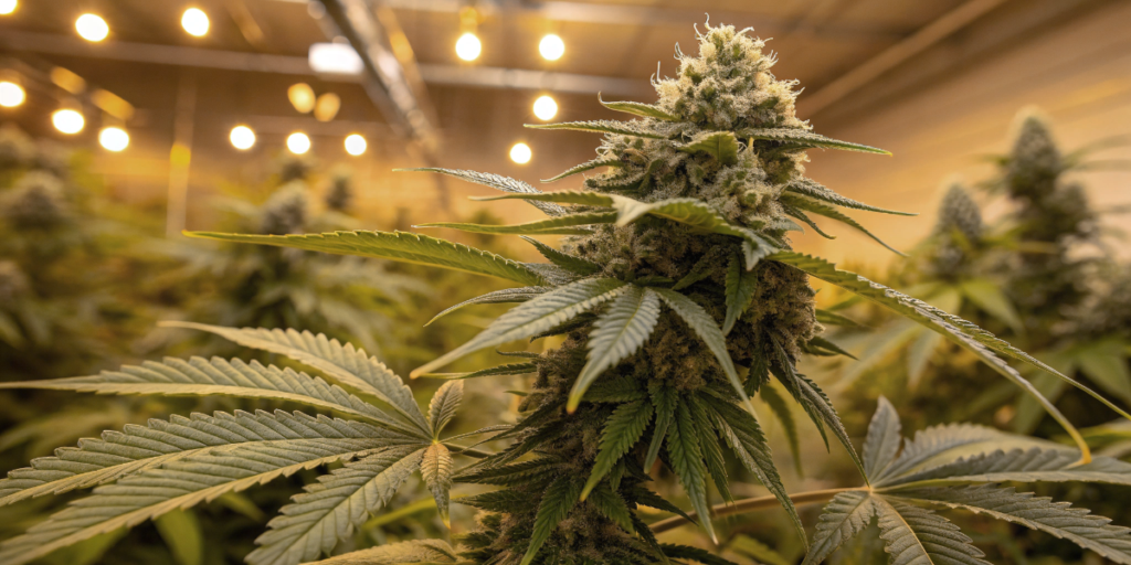 Six Shooter Auto strain displaying large sticky buds and healthy leaves in indoor grow room
