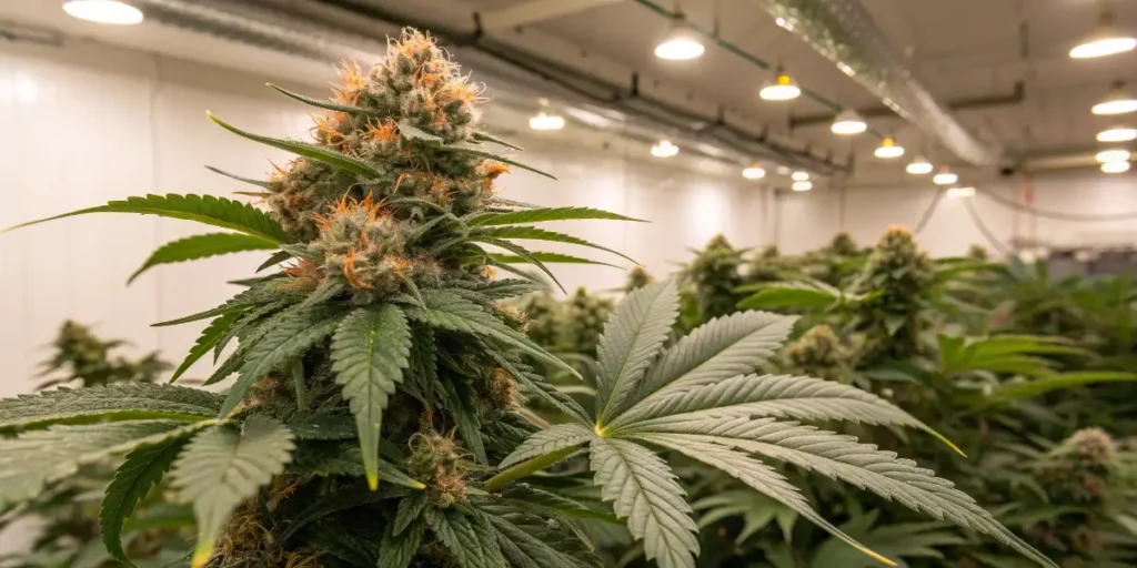 Skunk+ cannabis plant with dense resinous buds and orange pistils in indoor flowering stage