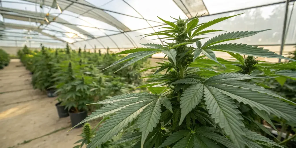 Skunk+ cannabis plants growing in greenhouse rows with natural light and healthy green foliage