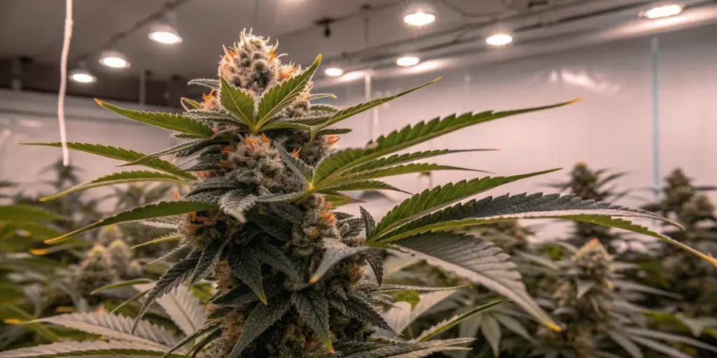 Skunk+ strain showing thick sticky buds and broad leaves under indoor grow room lighting