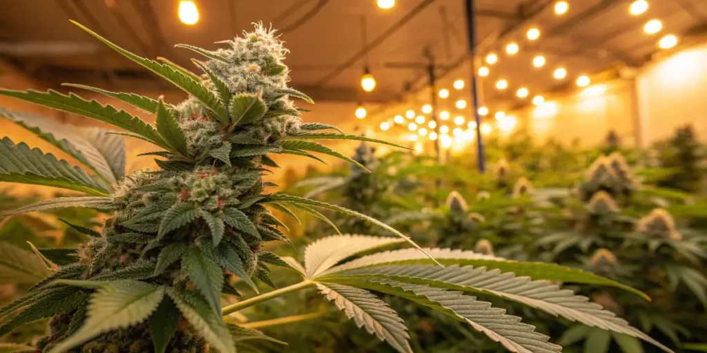 Skywalker Haze Auto cannabis plant with dense buds and orange pistils under warm indoor lights