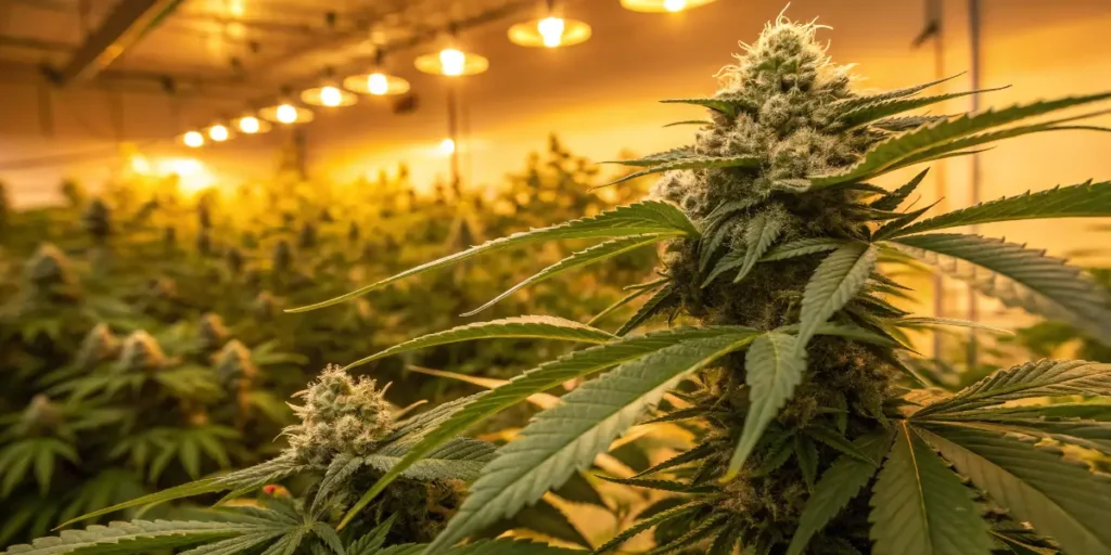 Skywalker Haze Auto strain producing thick buds in indoor grow room with controlled lighting