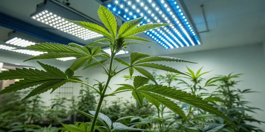 Skywalker Haze Auto cannabis plant growing under LED lights with controlled height and early flowering