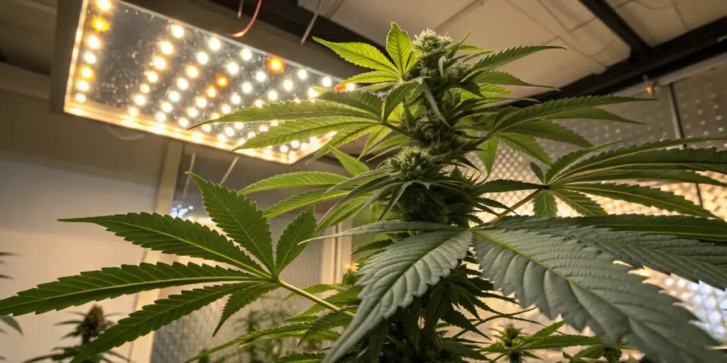 Skywalker OG Auto cannabis plant in vegetative stage under LED lights with compact structure